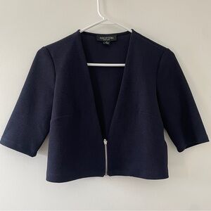 Perceptions Navy Textured Cropped Open-Front Zip Blazer